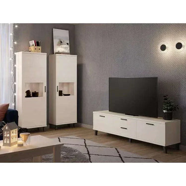 Mueble salón comedor BOLONIA ambiente 5 diseño nórdico moderno y funcional con vitrinas y mueble TV ajustable.