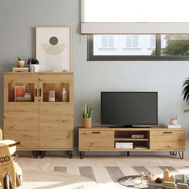 Mueble salón comedor completo BOLONIA en tonos roble natural con vitrina y módulo TV adaptable
