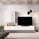 composición de salón comedor FLORENCIA con mueble TV flotante y cubos de almacenamiento en colores Artisan, Ébano y Blanco