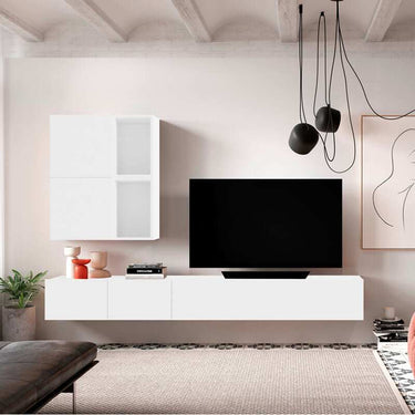 composición de salón comedor FLORENCIA con mueble TV flotante y cubos de almacenamiento en colores Artisan, Ébano y Blanco