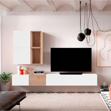 Composición de salón comedor FLORENCIA diseño moderno con mueble tv flotante y cubos para almacenamiento