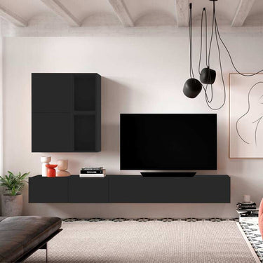 Composición de salón comedor moderna y elegante con muebles modulares en varios acabados