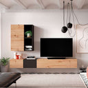 Composición de salón comedor FLORENCIA con mueble TV flotante y cubos de almacenamiento en colores Artisan, Ébano y Blanco.