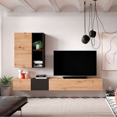 Composición de salón comedor FLORENCIA con mueble TV flotante y cubos de almacenamiento en colores Artisan, Ébano y Blanco.