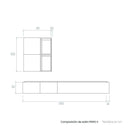 Composición de salón comedor moderno con mueble TV flotante y cubos de almacenamiento en tonos artisan, ébano y blanco