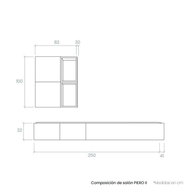 Composición de salón comedor moderno con mueble TV flotante y cubos de almacenamiento en tonos artisan, ébano y blanco