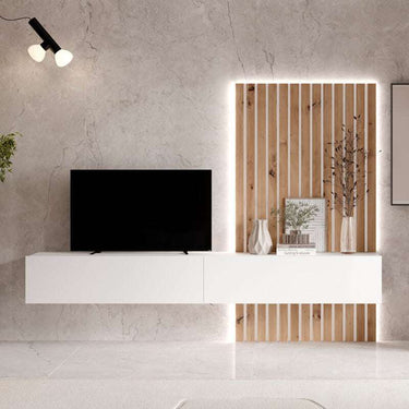 Composición de salón comedor FLORENCIA con mueble TV flotante y panel rayado moderno en varios colores