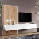 Composición de salón comedor FLORENCIA con mueble TV flotante y panel rayado en diseño moderno y elegante