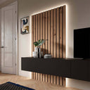 Composición de salón FLORENCIA moderno con mueble TV flotante y panel rayado elegante en tonos Artisan, Ébano y Blanco