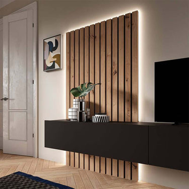 Composición de salón FLORENCIA moderno con mueble TV flotante y panel rayado elegante en tonos Artisan, Ébano y Blanco
