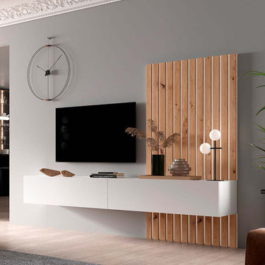 Composición de salón comedor FLORENCIA diseño moderno con mueble TV flotante y panel rayado elegante