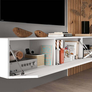 Composición de salón FLORENCIA ambiente 1 con mueble TV flotante y panel rayado moderno
