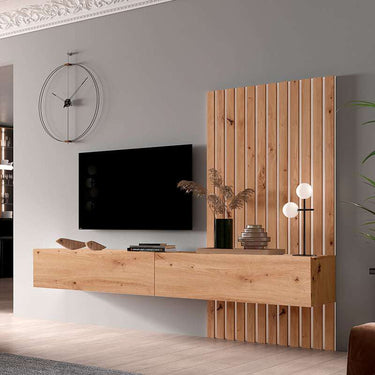 Composición de salón comedor FLORENCIA con mueble TV flotante y panel rayado en colores Artisan, Ébano y Blanco.