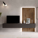 Salón comedor FLORENCIA con mueble TV flotante y panel rayado moderno en colores Artisan, Ébano y Blanco.