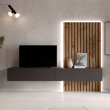 Salón comedor FLORENCIA con mueble TV flotante y panel rayado moderno en colores Artisan, Ébano y Blanco.