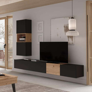 Composición de salón FLORENCIA ambiente 9 con diseño elegante y módulos flotantes en colores Artisan, Ébano y Blanco