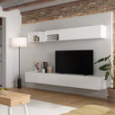 Composición de salón comedor FLORENCIA con diseño minimalista y módulos flotantes en colores Artisan, Ébano y Blanco.