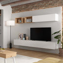 Composición de salón comedor FLORENCIA ambiente 7 minimalista y elegante con módulos flotantes de almacenamiento