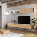 composición de salón comedor FLORENCIA ambiente 7 con diseño minimalista y módulos flotantes en tonos Artisan, Ébano y Blanco