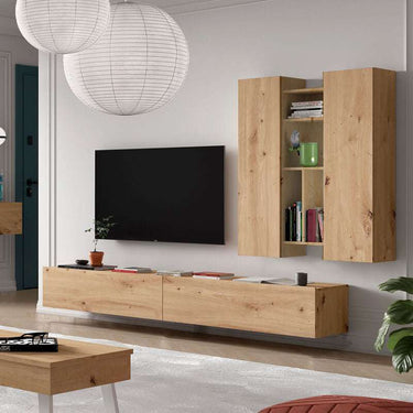 Composición de salón comedor FLORENCIA ambiente 5 con mueble TV y estanterías colgadas en varios colores