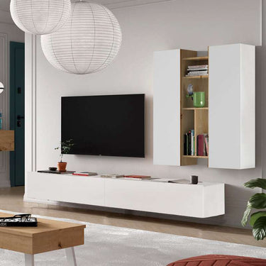 Composición de salón comedor FLORENCIA ambiente 5 con mueble TV y estanterías en tonos Artisan, Ébano y Blanco.