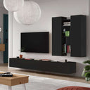 composición de salón comedor FLORENCIA ambiente 5 con mueble TV y estanterías colgadas en tonos artisan, ébano y blanco