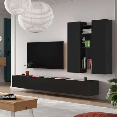 composición de salón comedor FLORENCIA ambiente 5 con mueble TV y estanterías colgadas en tonos artisan, ébano y blanco