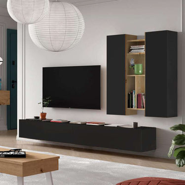 Composición de salón comedor FLORENCIA ambiente 5 con mueble TV y estanterías colgadas en colores Artisan, Ébano y Blanco, diseño elegante y funcional de 240 cm.