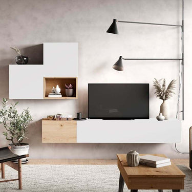Composición de salón comedor minimalista FLORENCIA con acabado en artisan, ébano y blanco, diseño moderno y elegante.