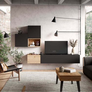 Composición de Salón Comedor FLORENCIA ambiente 8 en tonos artisan, ébano y blanco, diseño minimalista y moderno