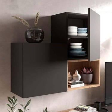 Composición de salón comedor minimalista FLORENCIA ambiente 8 en tonos artisan, ébano y blanco.