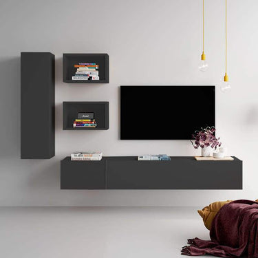 Composición de salón FLORENCIA 6 moderna con mueble TV flotante y almacenamiento funcional en blanco y madera