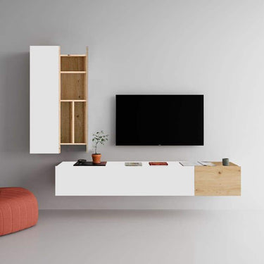 Composición de salón comedor FLORENCIA elegante y funcional de 250 cm en tonos Artisan, Ébano y Blanco, fabricada en España