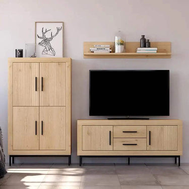 Composición de salón ASTI ambiente 3 con mueble TV y vitrina moderna en madera sostenible