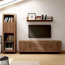Composición de salón ASTI en madera nogal con mueble TV y vitrina elegante