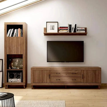 Composición de salón ASTI en madera nogal con mueble TV y vitrina elegante