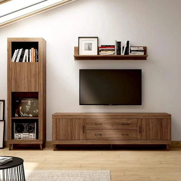 Composición de salón ASTI en madera nogal con mueble TV y vitrina elegante
