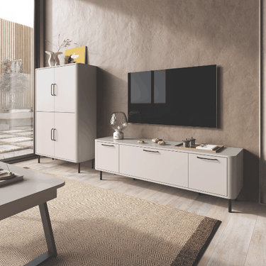 Mueble salón NAPOLI moderno con módulo bar y bajo TV en dos colores y almacenamiento oculto