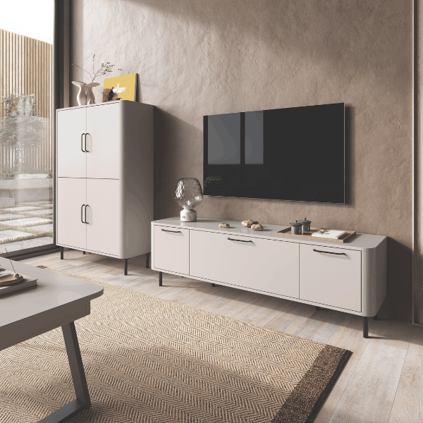 Mueble salón NAPOLI moderno con módulo bar y bajo TV en dos colores y almacenamiento oculto