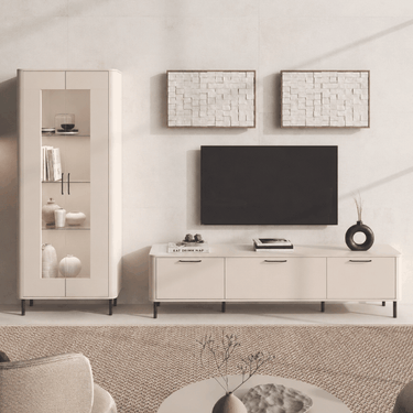 Mueble salón NAPOLI con vitrina y bajo TV moderno y funcional en ambiente luminoso