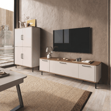 Mueble salón NAPOLI moderno con módulo bar y bajo TV en tonos combinados, diseño funcional y gran capacidad de almacenaje