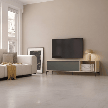 Mueble TV moderno con puerta abatible TIVOLI en madera sostenible y diseño minimalista