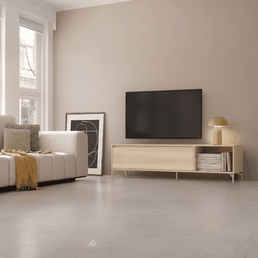 Mueble TV TIVOLI con puerta abatible y diseño minimalista en madera sostenible.