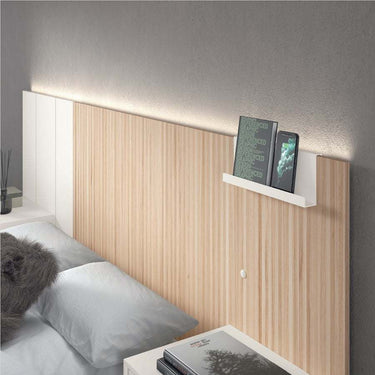 Dormitorio SIENA moderno con cabecero galería, mesitas con cajones y luces LED personalizables
