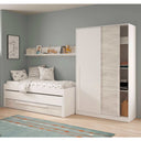 Dormitorio Juvenil moderno y funcional con cama compacta, estante de pared y armario con puertas correderas blanco Artik Blanco Velho