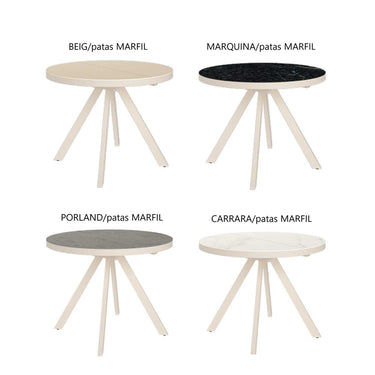 Mesa comedor redonda extensible DIVA con sobre porcelánico y base metálica moderna