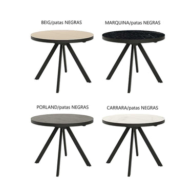 Mesa comedor redonda extensible DIVA con sobre porcelánico y estructura metálica, diseño elegante y funcional.