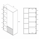 Estantería con puertas de tablero laminado, con un módulo cerrado y cinco huecos abiertos en diseño bicolor.