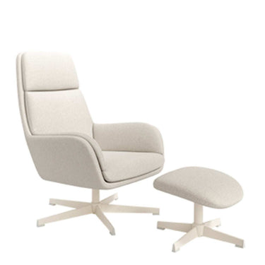 Butaca giratoria AMBRA con Ottoman tapizada en tejido suave y base metálica crema