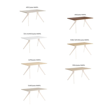 Mesa comedor fija BETTINA con patas metálicas inclinadas y sobre biselado de MDF en acabado madera.